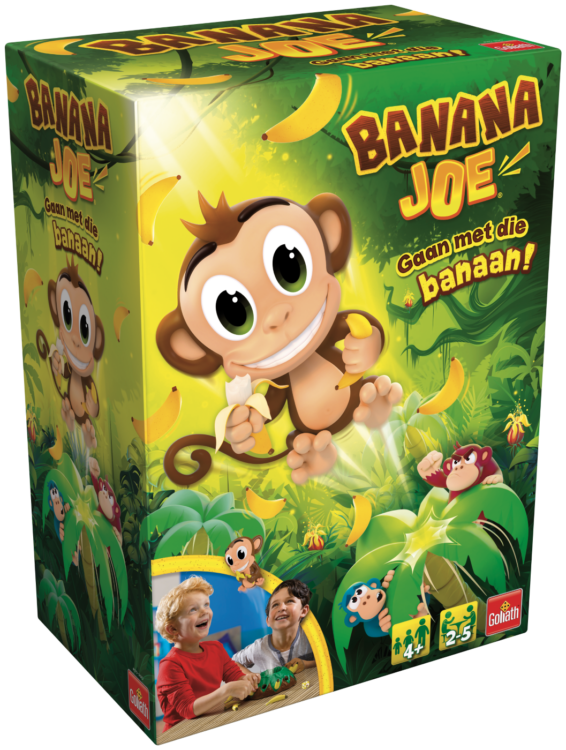 De doos van het kinderspel Banana Joe vanuit een linkerhoek