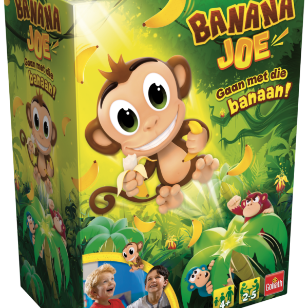 De doos van het kinderspel Banana Joe vanuit een linkerhoek