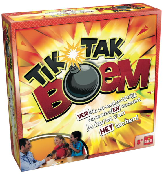 De doos van het zenuwslopende partyspel Tik Tak Boem vanuit een linkerhoek