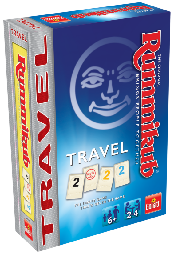 De doos van het strategische reis spel Rummikub Travel vanuit een linkerhoek