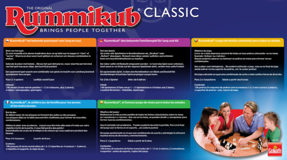 De achterkant van de doos van het strategische bordspel Rummikub Classic