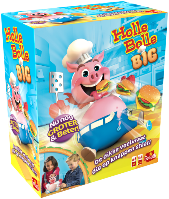 De doos van het kinderspel vol actie Holle Bolle Big vanuit een linkerhoek