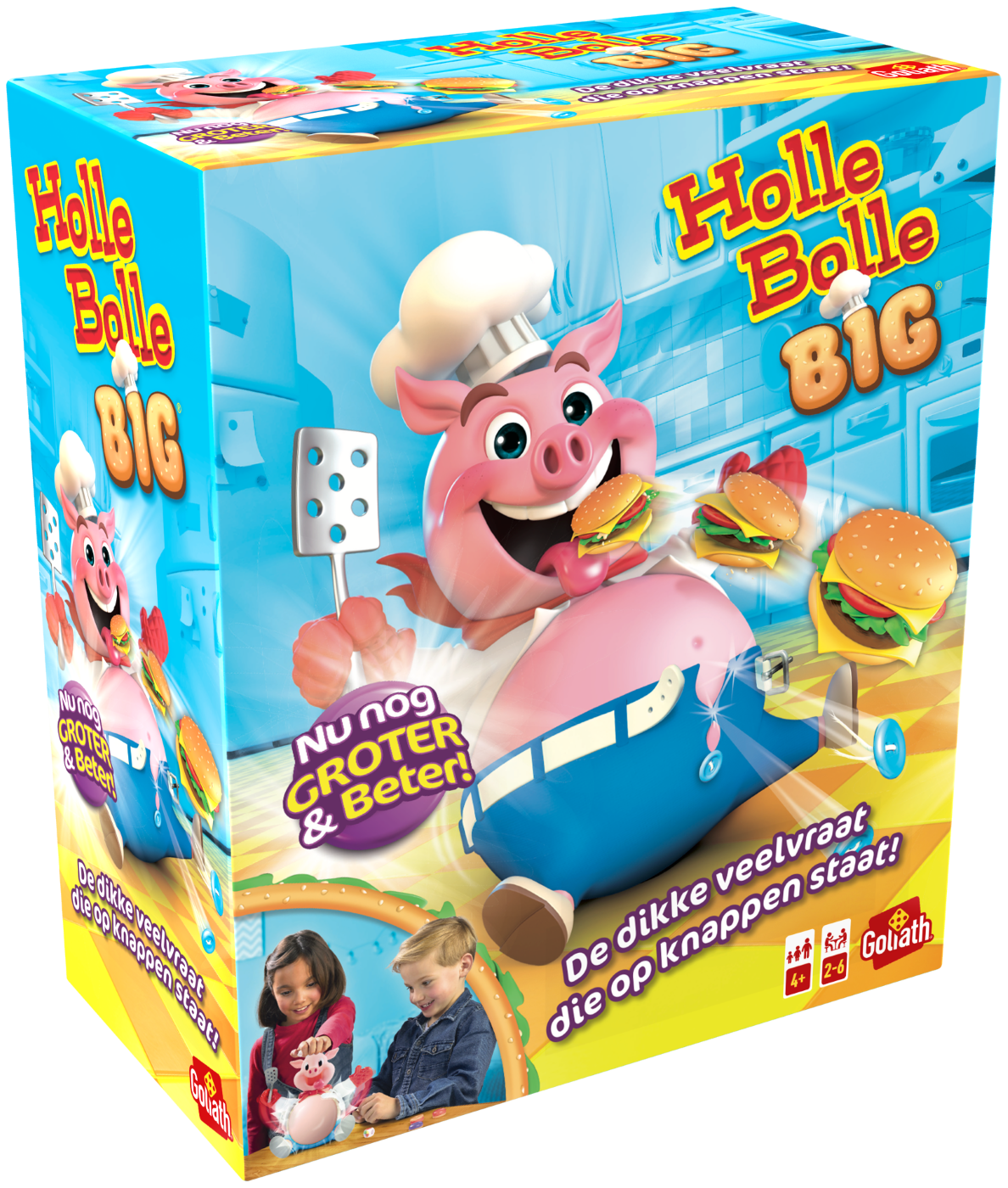 De doos van het kinderspel vol actie Holle Bolle Big vanuit een linkerhoek