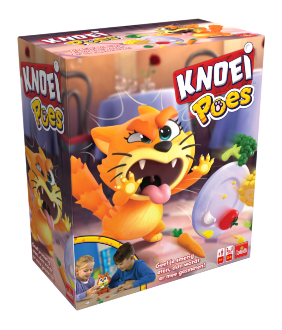 De doos van het kinderspel Knoeipoes vanuit een linkerhoek