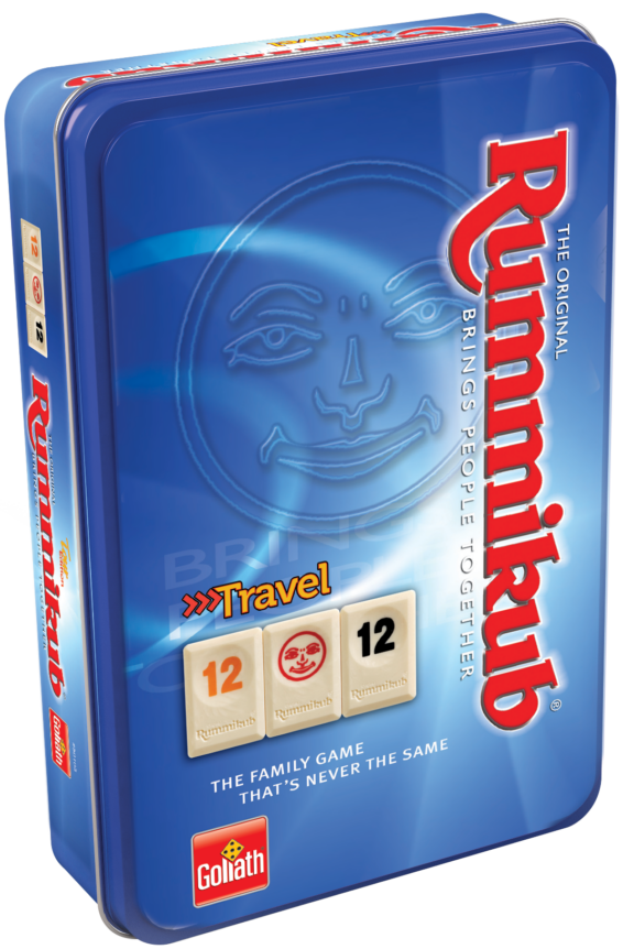 De doos van het strategische spel Rummikub Travel Tour vanuit een linkerhoek