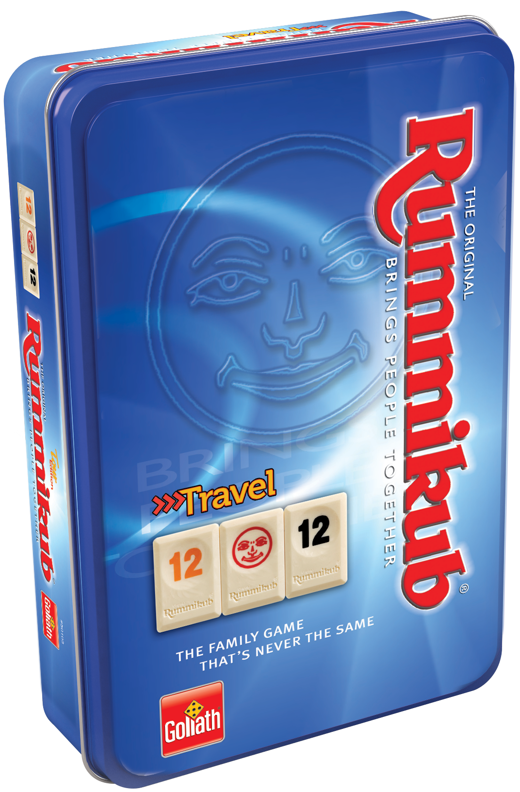 De doos van het strategische spel Rummikub Travel Tour vanuit een linkerhoek
