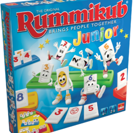 De doos van het leerzame bordspel Rummikub Junior vanuit een linkerhoek