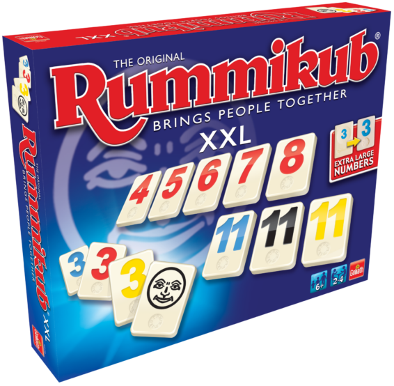 de doos van het strategische spel Rummikub XXL vanuit een linkerhoek