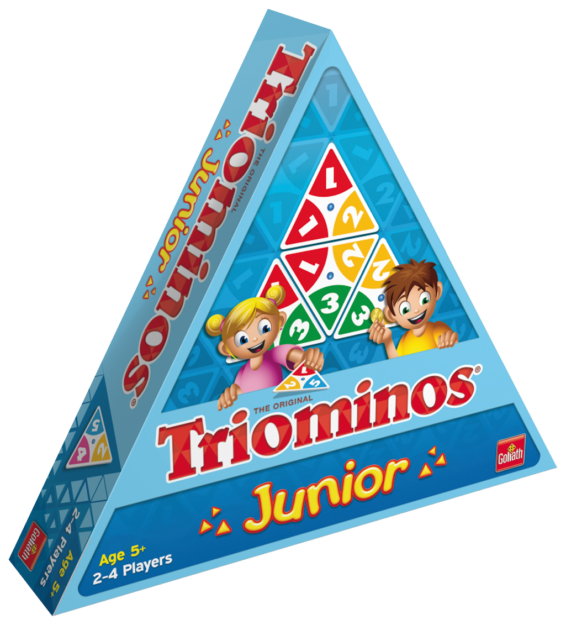 De doos van het leerzame kinderspel Triominos Junior vanuit een linkerhoek