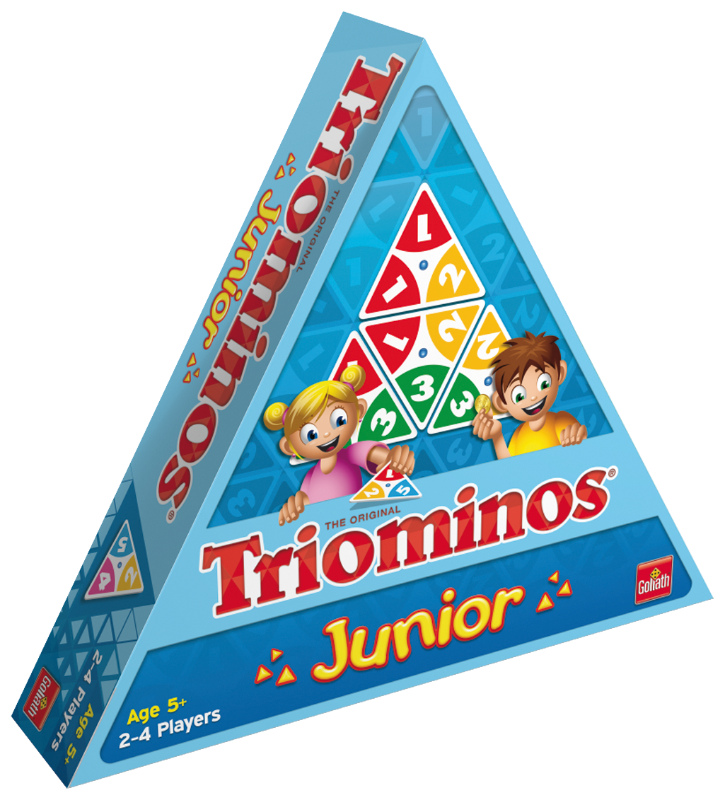 De doos van het leerzame kinderspel Triominos Junior vanuit een linkerhoek