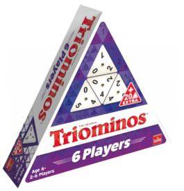 De doos van het strategiche spel Triominos 6 Players vanuit een linkerhoek