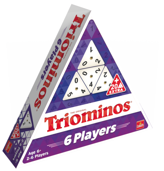 De doos van het strategiche spel Triominos 6 Players vanuit een linkerhoek