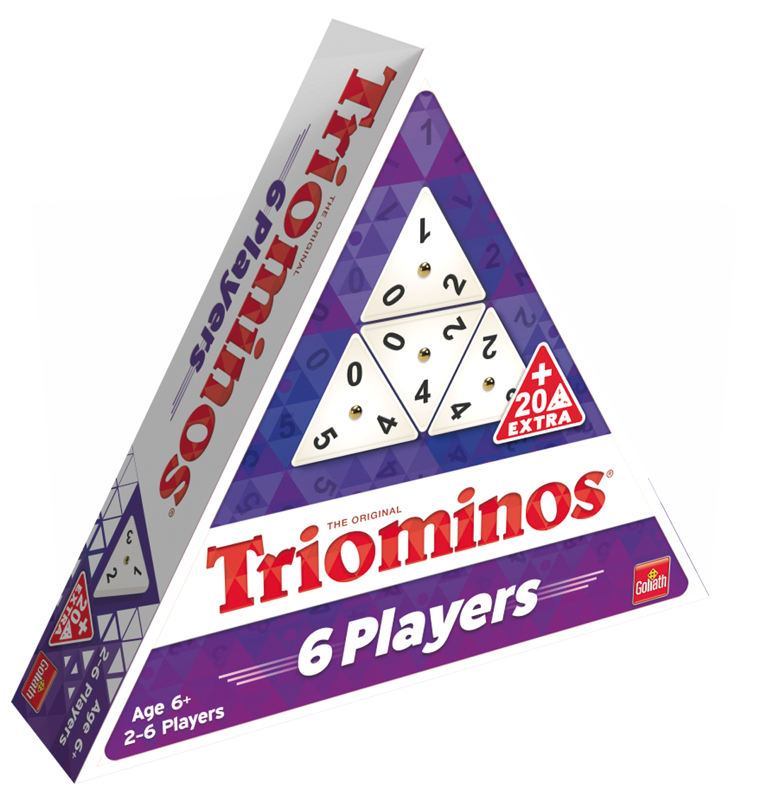 De doos van het strategiche spel Triominos 6 Players vanuit een linkerhoek