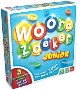 De doos van het kinderspel Woordzoeker Junior vanuit een linkerhoek