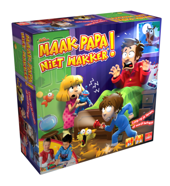 De doos van het kinder bordspel Sshh Maak Papa Niet Wakker vanuit een linkerhoek
