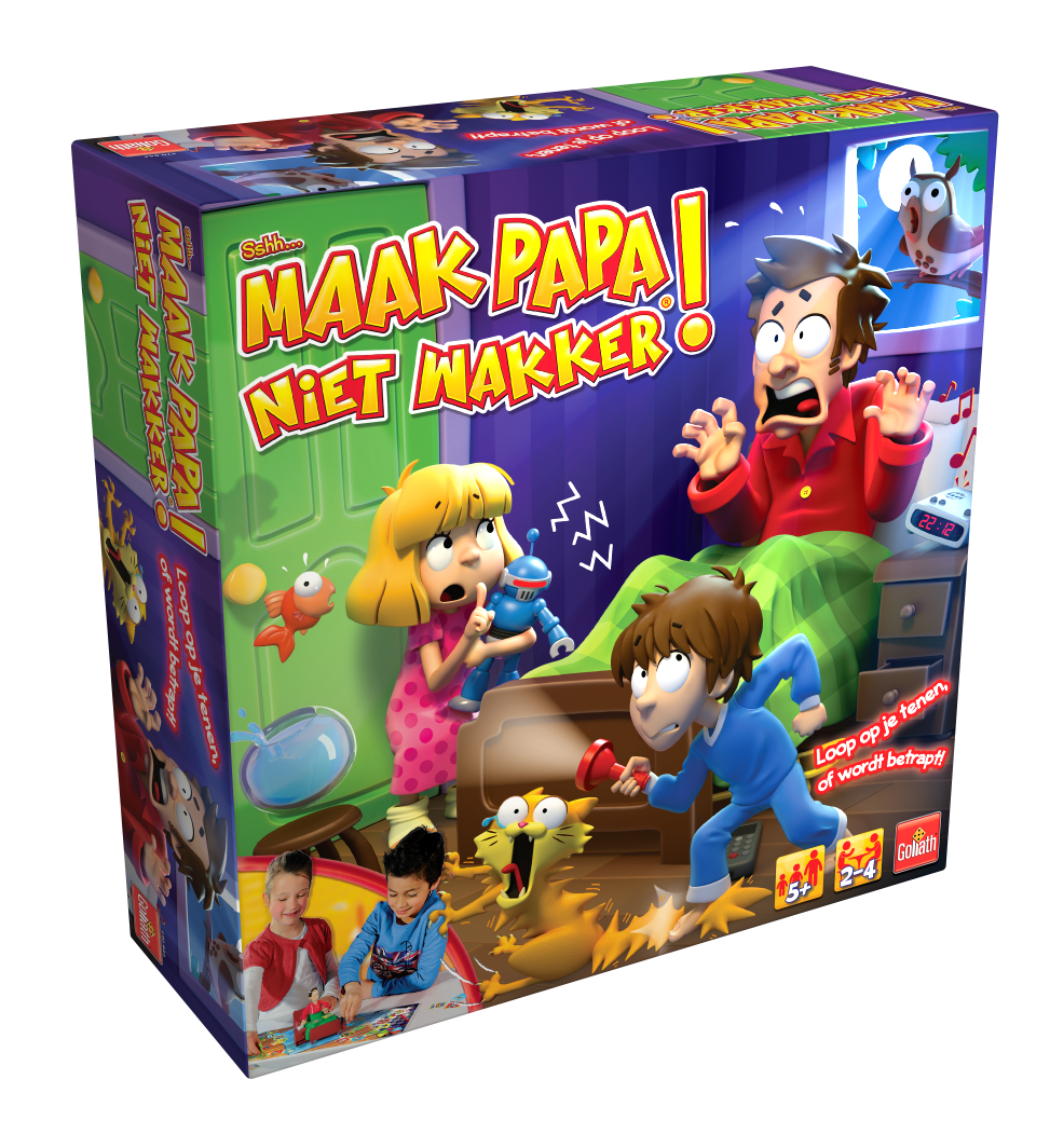 De doos van het kinder bordspel Sshh Maak Papa Niet Wakker vanuit een linkerhoek