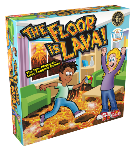 De doos van het actieve kinderspel De Vloer Is Lava vanuit een linkerhoek