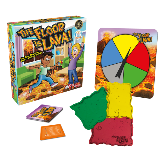 De inhoud en de doos van het actieve kinderspel De Vloer Is Lava