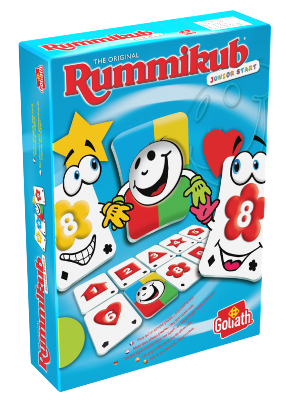 De doos van het leerzame kinderspel Rummikub Junior Travel vanuit een linkerhoek