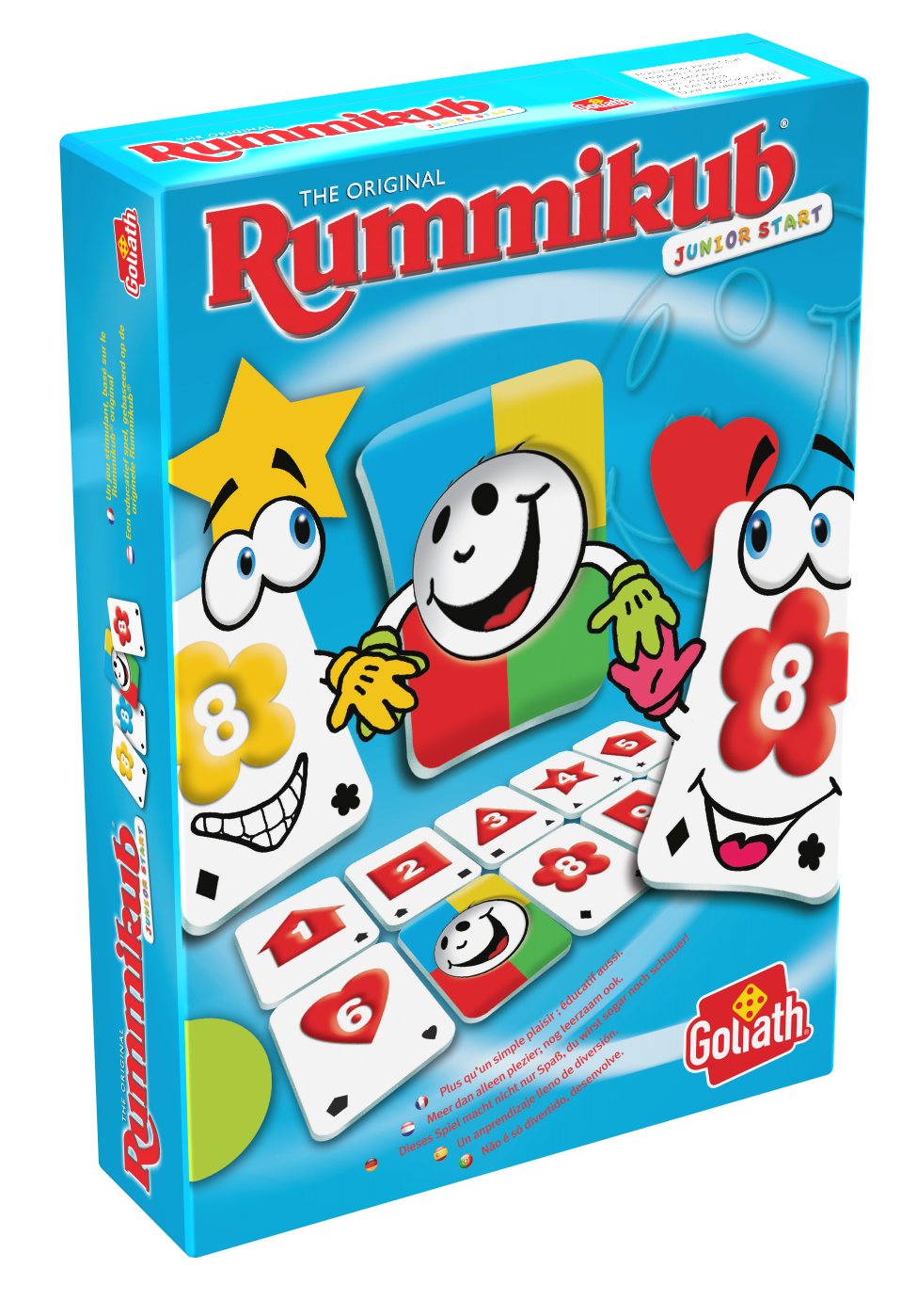 De doos van het leerzame kinderspel Rummikub Junior Travel vanuit een linkerhoek
