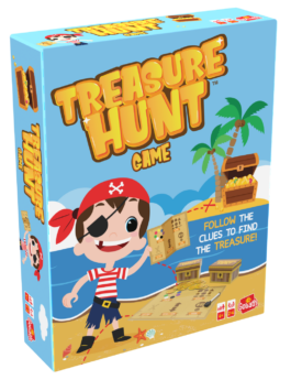 De doos van het kinderspel Treasure Hunt vanuit een linkerhoek
