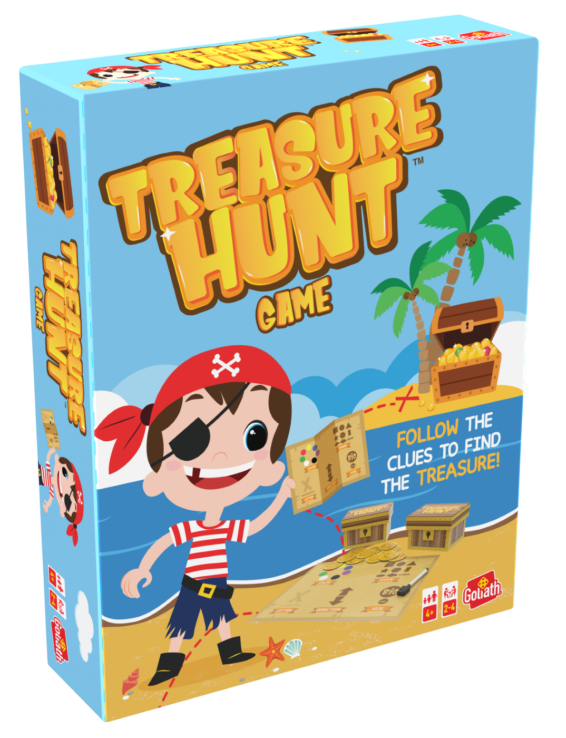 De doos van het kinderspel Treasure Hunt vanuit een linkerhoek