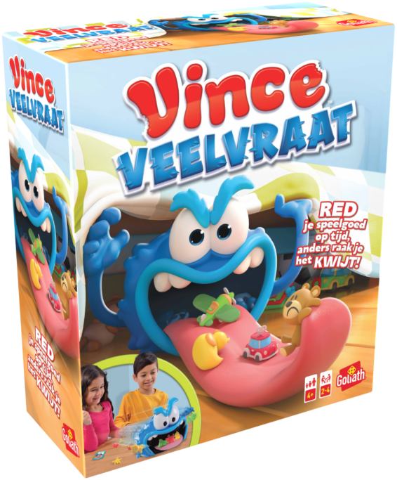 De doos van het kinderspel vol actie Vince Veelvraat vanuit een linkerhoek