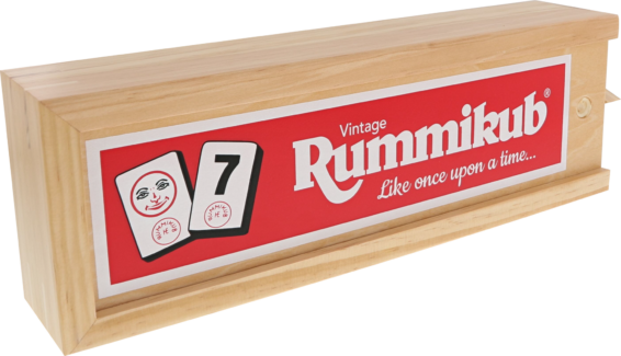 De doos van het strategische spel Rummikub Vintage vanuit een linkerhoek
