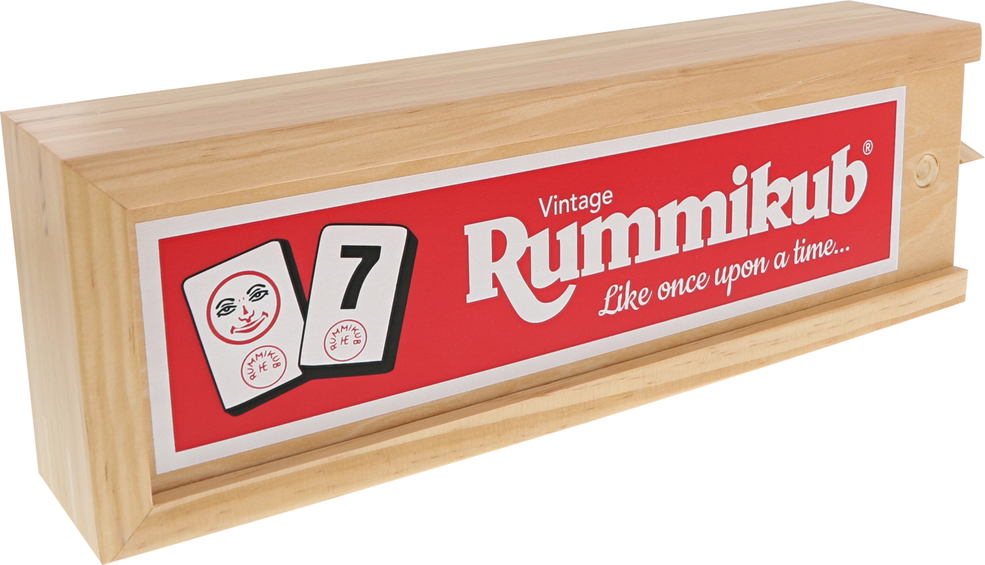 De doos van het strategische spel Rummikub Vintage vanuit een linkerhoek