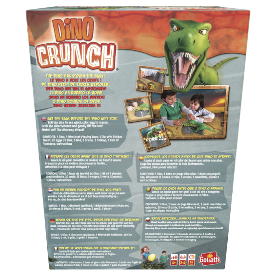 De achterkant van de doos van het spannende kinderspel Dino Crunch