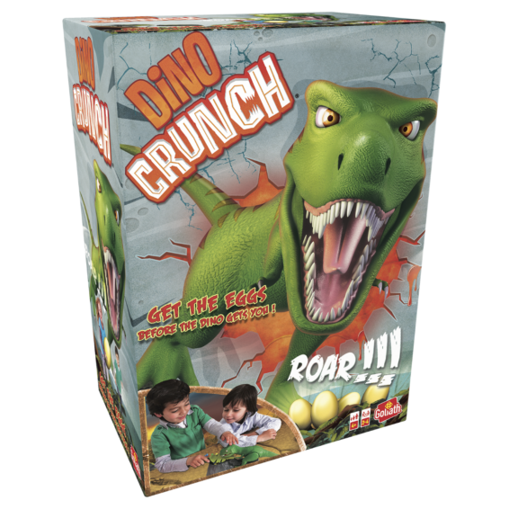 De doos van het spannende kinderspel Dino Crunch vnauit een linkerhoek