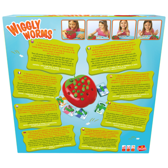 De achterkant van de doos van het kinderspel Wiggly Worms
