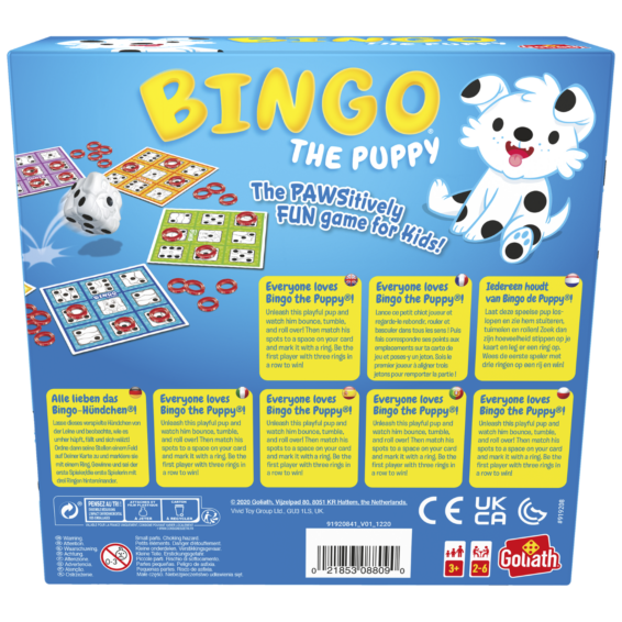 De achterkant van de doos van het leerzame kinderspel Bingo De Puppy