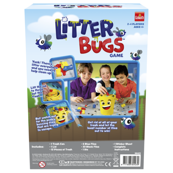 De achterkant van de doos van het kinderspel Litter Bugs