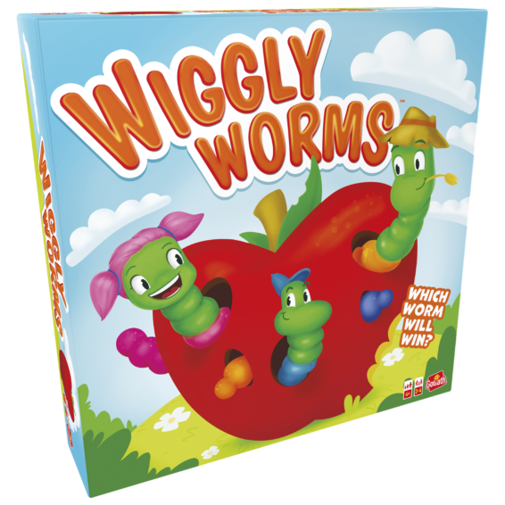 De doos van het kinderspel Wiggly Worms vanuit een linkerhoek