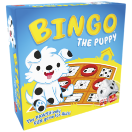 De doos van het leerzame kinderspel Bingo De Puppy vanuit een linkerhoek