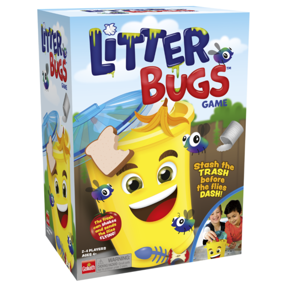 De doos van het kinderspel Litter Bugs vanuit een linkerhoek