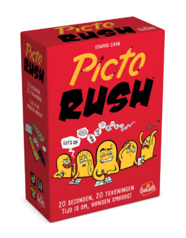 De doos van het partyspel Picto Rush vanuit een linkerhoek