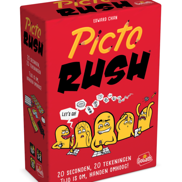 De doos van het partyspel Picto Rush vanuit een linkerhoek