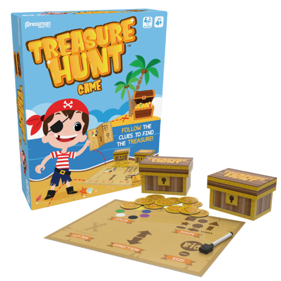 De doos met de inhoud van het kinderspel Treasure Hunt