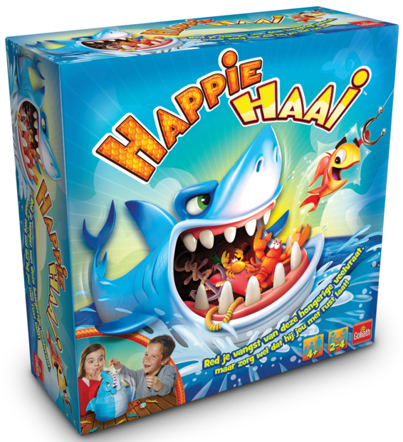 De doos van het kinderspel Happie Haai vanuit een linkerhoek