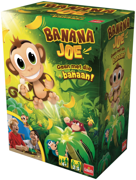 De doos van het kinderspel Banana Joe vanuit een rechterhoek