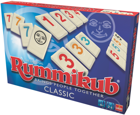 De doos van het strategische bordspel Rummikub Classic vanuit een rechteroek