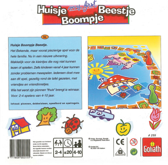 De achterkant van de doos van het kinder bordspel Huisje Boompje Beestje