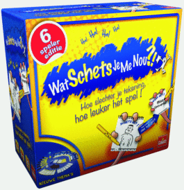 De doos van het partyspel Wat Schets Je Me Nou?! vanuit een linkerhoek