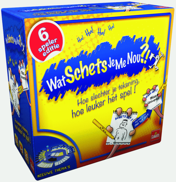 De doos van het partyspel Wat Schets Je Me Nou?! vanuit een linkerhoek