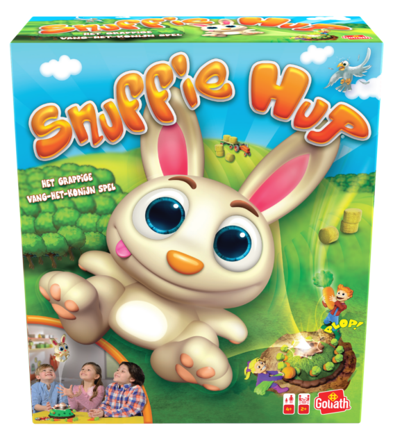 De voorkant van de doos van het kinder actiespel Snuffie Hup