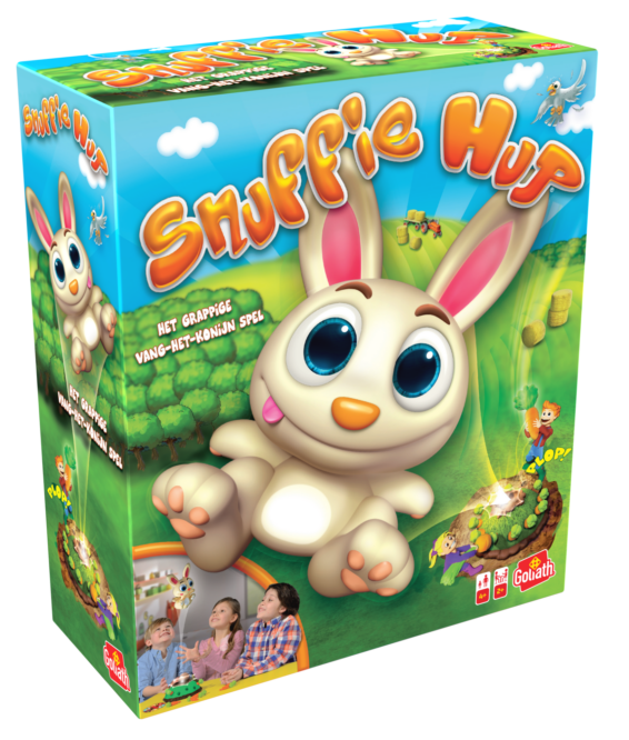 De doos van het kinder actiespel Snuffie Hup vanuit een linkerhoek