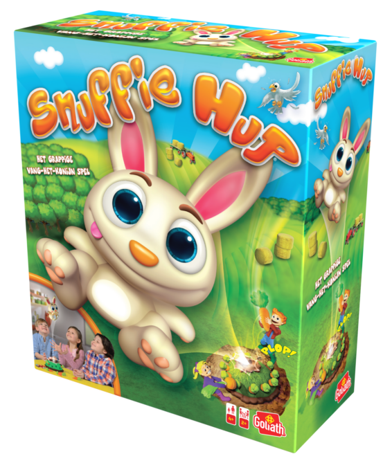 De doos van het kinder actiespel Snuffie Hup vanuit een rechterhoek