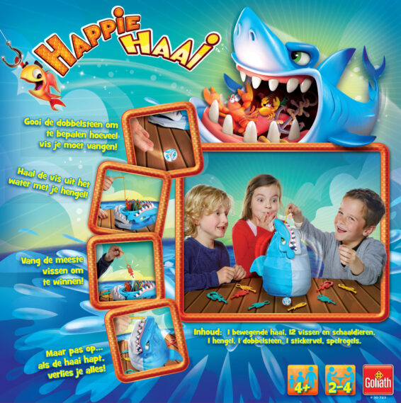 De achterkant van de doos van het kinderspel Happie Haai